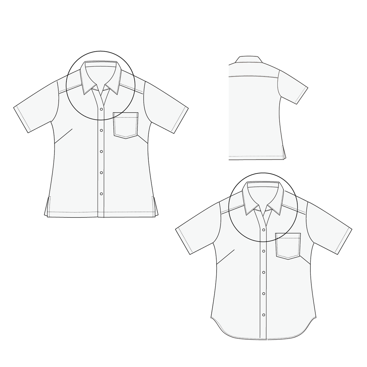 Shirt / Woman #02 / レディースシャツ / スキッパーカラー（半袖 / 裾スクエア・ラウンド / 前立て別 / 袖アレンジ可）
