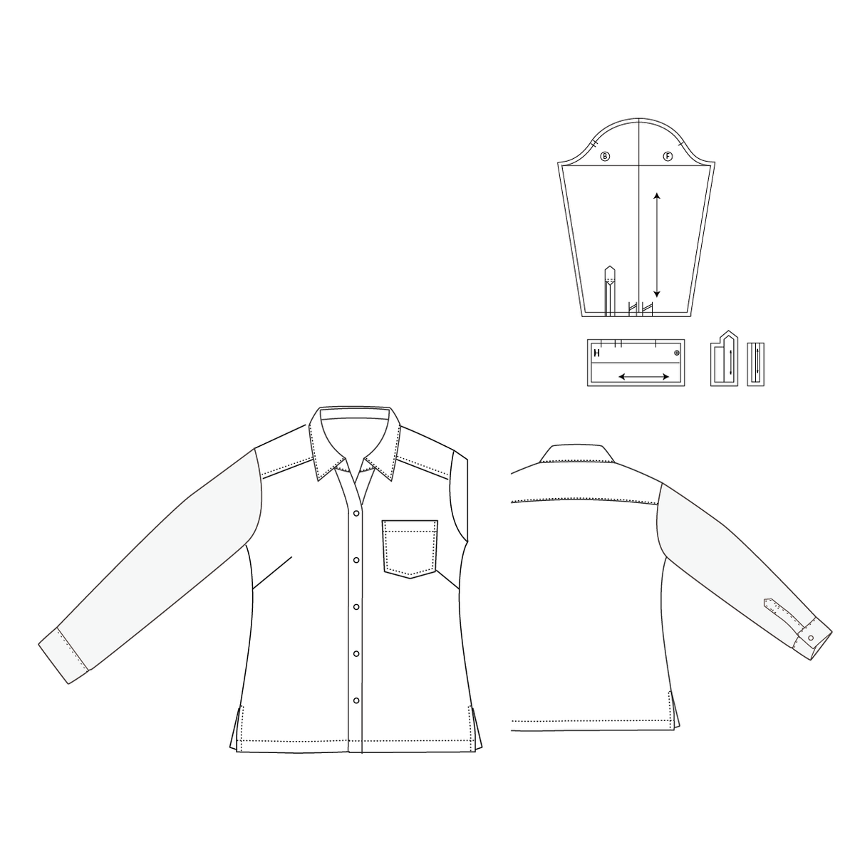 Shirt / Woman #02 / レディースシャツ / スキッパーカラー（半袖 / 裾スクエア・ラウンド / 前立て別 / 袖アレンジ可）