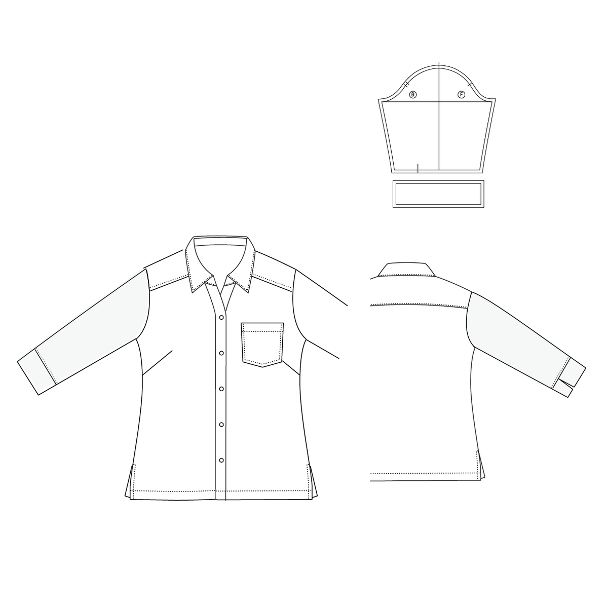 Shirt / Woman #02 / レディースシャツ / スキッパーカラー（半袖 / 裾スクエア・ラウンド / 前立て別 / 袖アレンジ可）